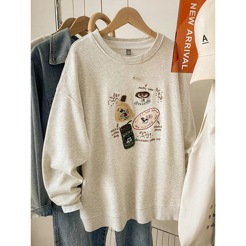 韩系设计感创意米奇刺绣卫衣女2025新款百搭宽松胖mm爆款圆领