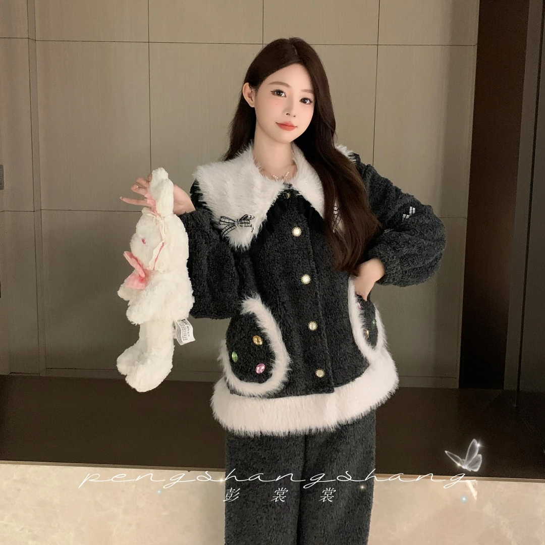 彭裳裳【墨染秋白】冬装上新睡衣居家服舒适百搭加厚保暖睡衣套装