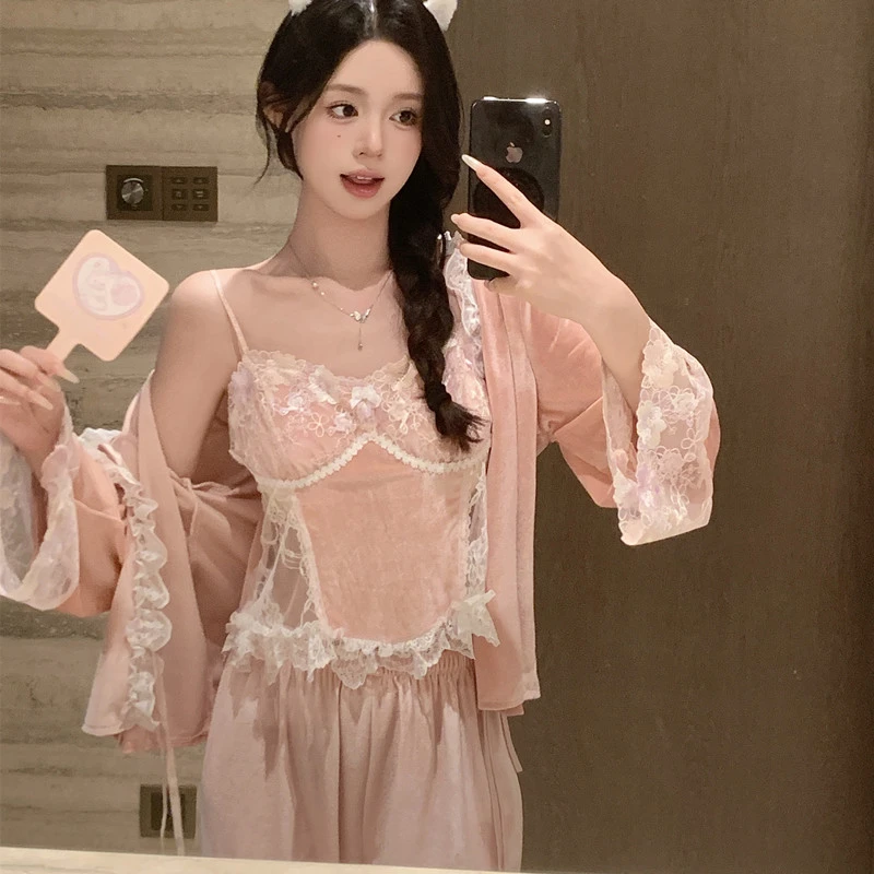 彭裳裳【倾城时光】秋冬蕾丝长袖性感薄款宫廷风纯欲风睡衣