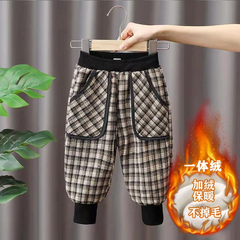 儿童裤子春秋款2025新款男女宝宝时髦外穿格子裤一体绒休闲萝卜裤
