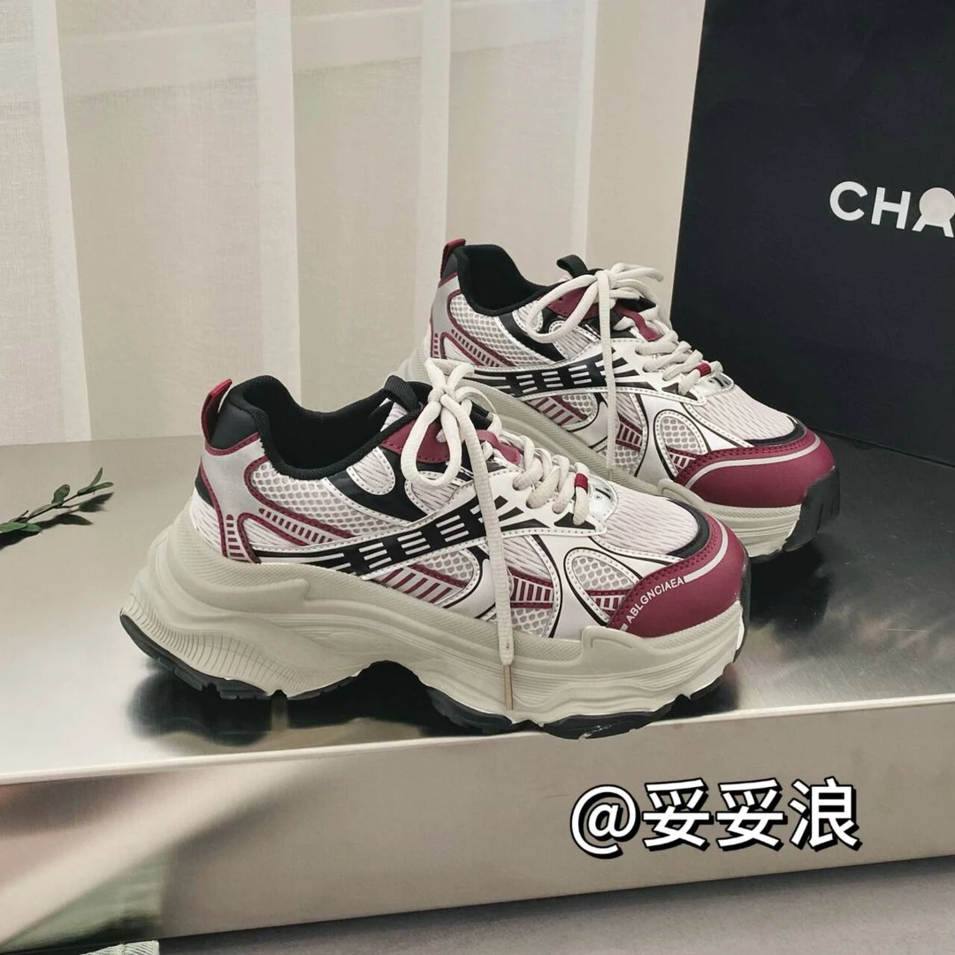 妥妥浪2024夏秋新款厚底老爹鞋女双网面透气增高时尚百搭安可拉红