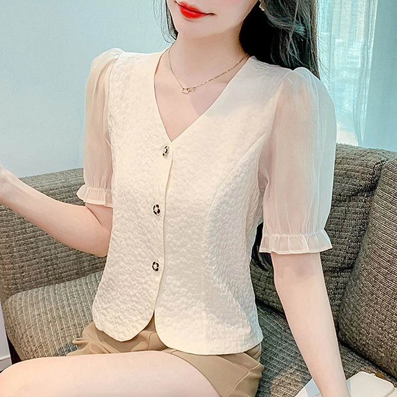 2025年新款夏款时尚v领短袖雪纺衬衫女收腰别致减龄洋气蕾丝小衫
