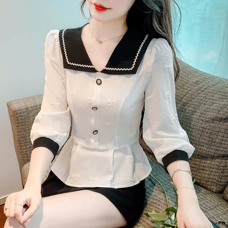小香风娃娃领雪纺衬衫女装春秋卡腰小衫时尚减龄洋气修身别致上衣