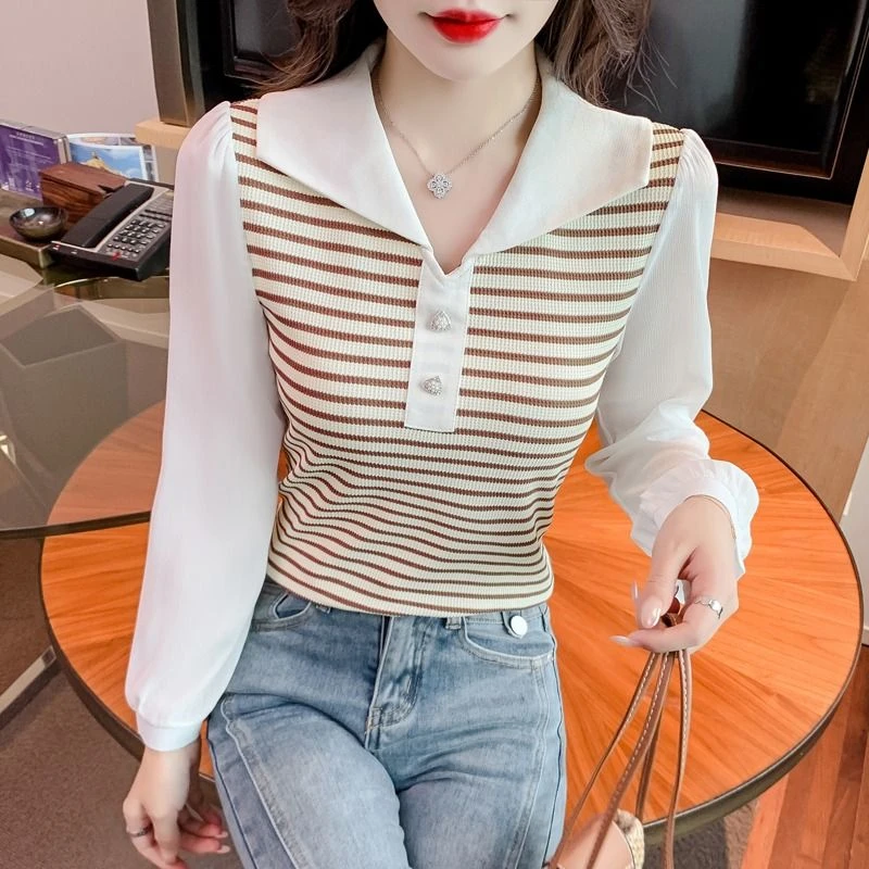 假两件打底衫女春季新款女装设计感时尚洋气条纹显瘦百搭长袖上衣