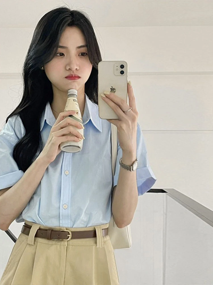 polo领蓝色纯棉衬衫女夏季新款盐系BF风百搭宽松短袖休闲开衫衬衣