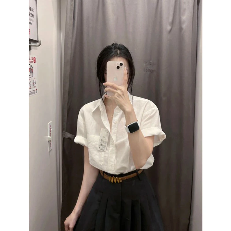 法式白色短袖纯棉衬衫女夏季polo领宽松休闲衬衣设计感小众上衣春