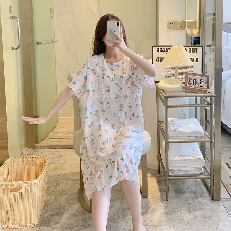 夏季绵绸圆领大码短袖睡裙妈妈装成人宽松时尚长款