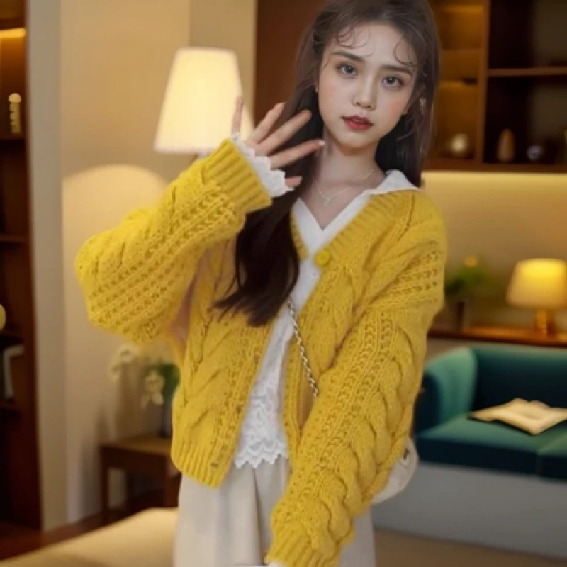 韩系复古风圆领镂空毛衣女秋冬新款设计感宽松慵懒简约针织衫上衣