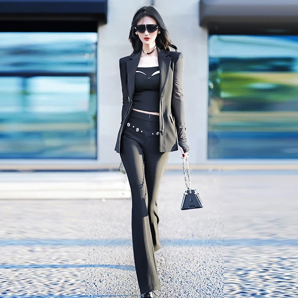 型色缤纷时尚网纱拼接西装喇叭西裤两件套2024新款御姐风西装套装