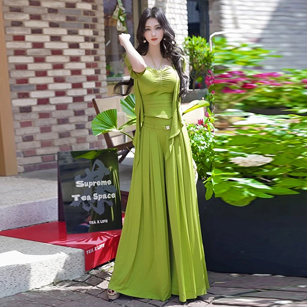 夏季套装裙裤气质穿搭一整套2024新款假两件吊带披肩阔腿裤两件套