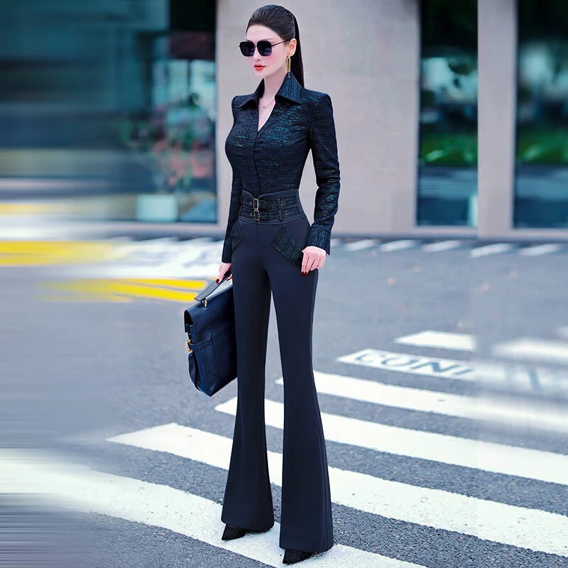秋冬季职业穿搭整套2025新款修身上衣高腰喇叭裤两件套