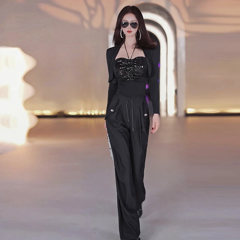 秋季假两件挂脖珠片上衣高腰直筒工装裤两件套2024新款休闲套装