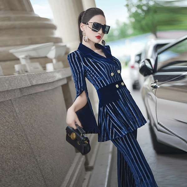型色缤纷早秋条纹丝绒套装2024新品小众甩袖上衣外套喇叭裤两件套