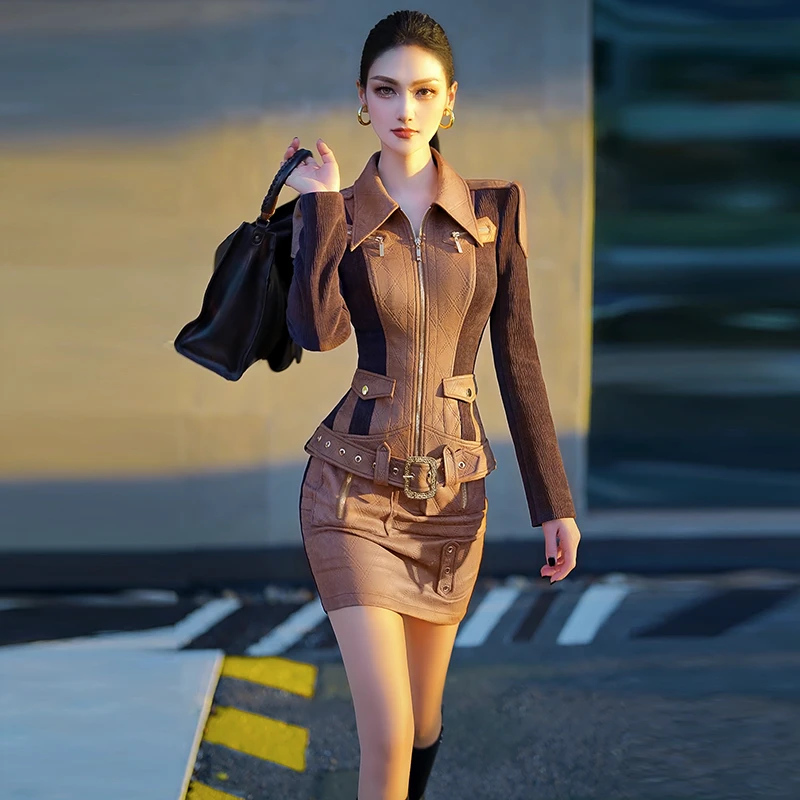 秋冬女装撞色拼接欧美辣妹风套装2024新款厚款外套包臀裙两件套