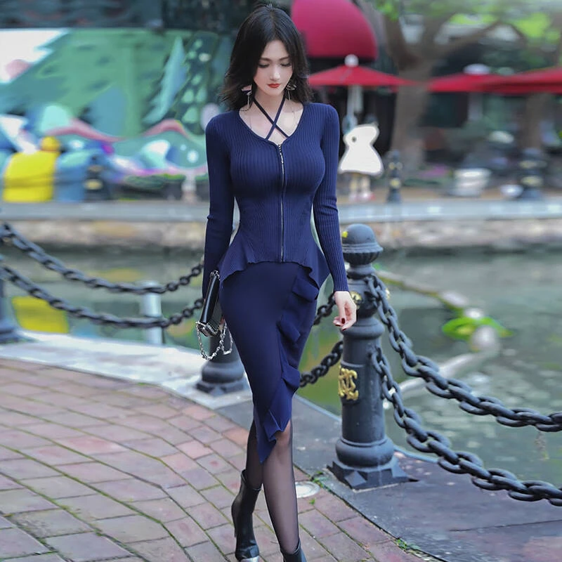 早秋轻熟风套装裙新品长袖修身上衣包臀裙针织穿搭两件套春秋