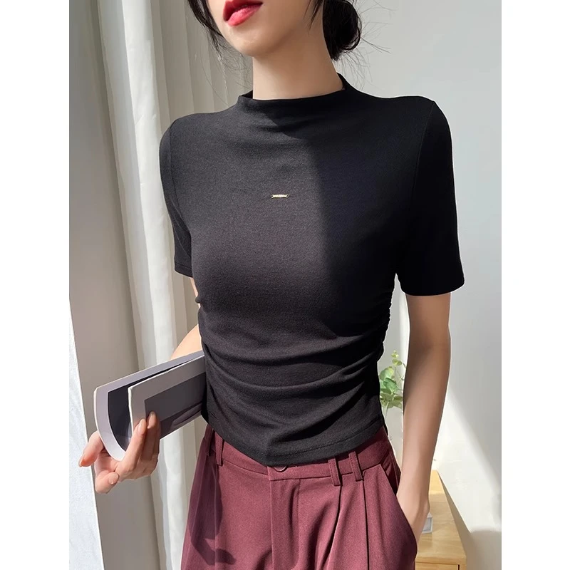 黑色正肩半高领打底衫女2024年春秋新款短袖t恤时髦褶皱收腰上衣