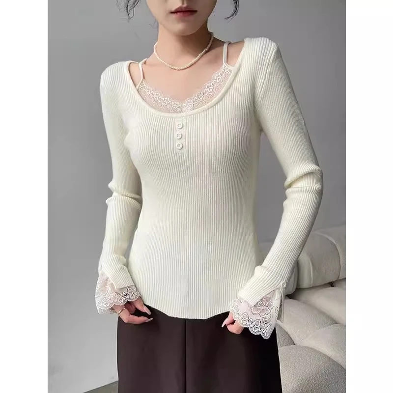 假两件拼接蕾丝打底衫2024新款女秋冬季内搭外穿长袖百搭针织上衣