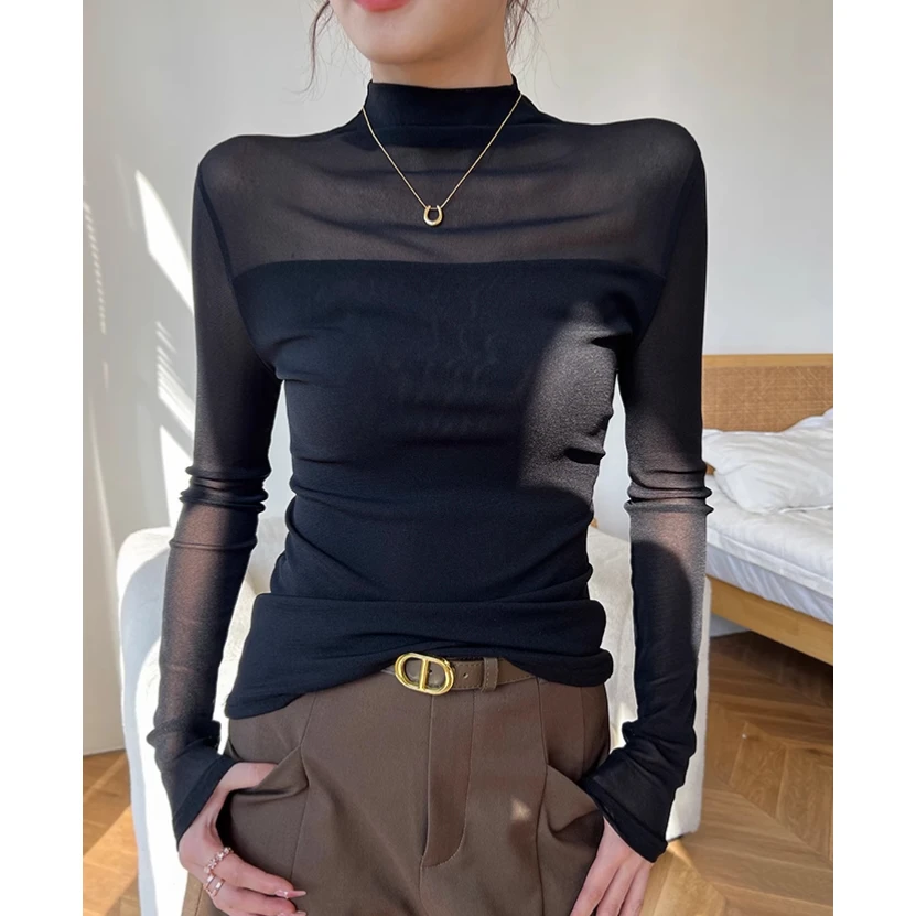 半高领网纱黑色打底衫女春秋内搭长袖T恤新款内搭修身洋气显瘦
