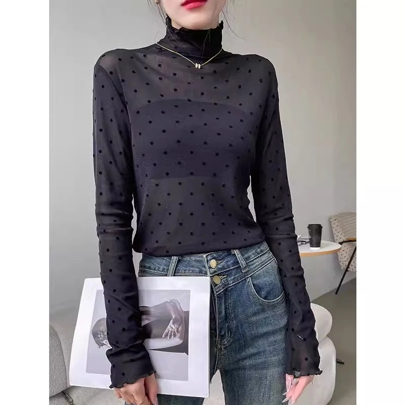 黑色高领打底衫2024新款女秋冬修身内搭网纱长袖t恤波点时髦上衣