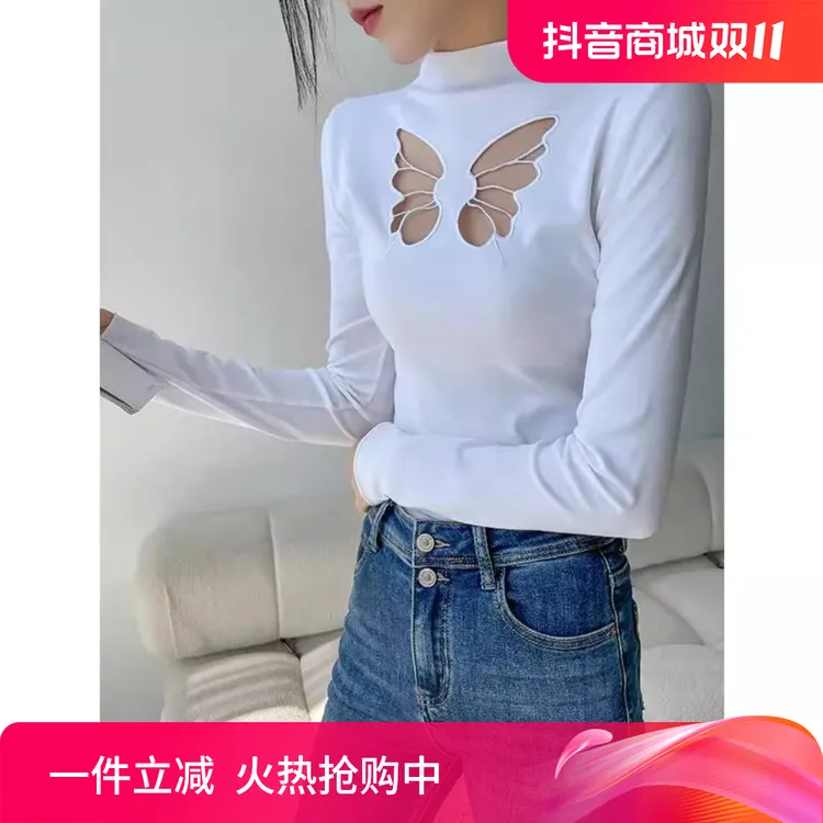 白色半高领长袖T恤女打底衫2024新款秋冬蝴蝶镂空设计感内搭上衣