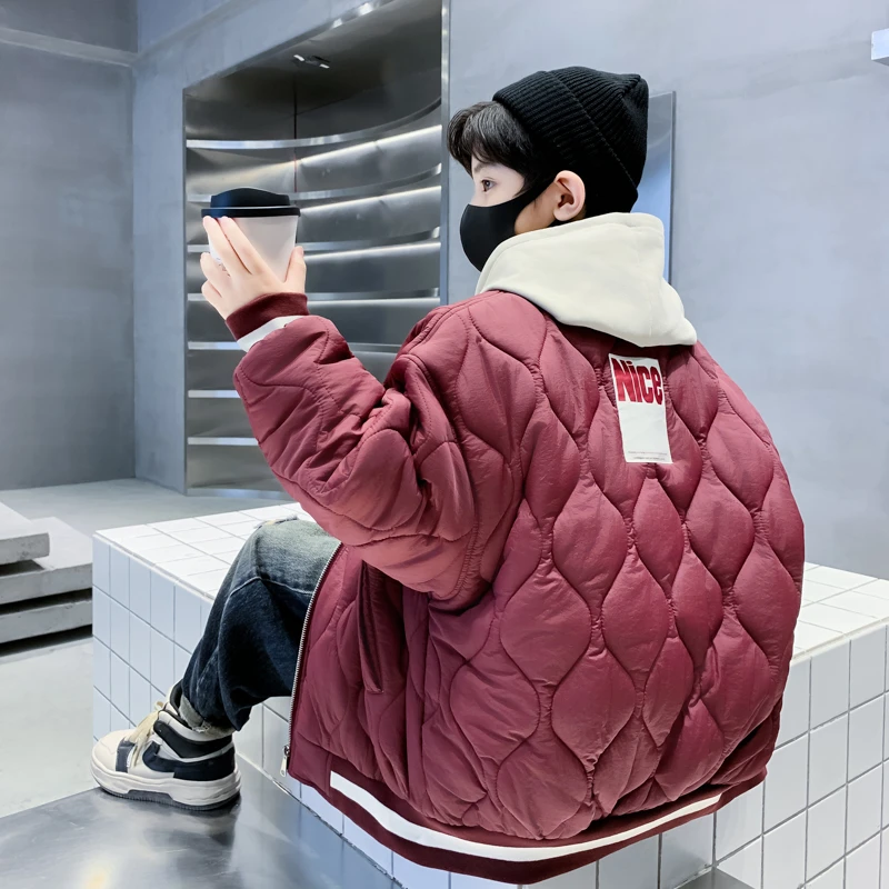 儿童装男童冬装外套新款中大童秋季男孩秋冬款加厚夹棉棒球服红色