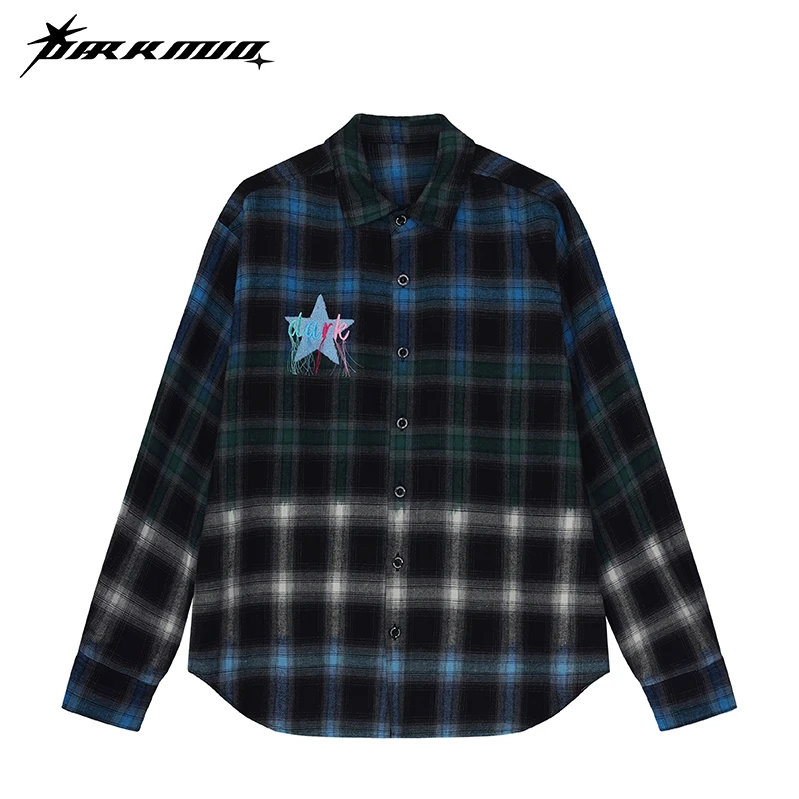 DARKMUD“巨星”流苏刺绣渐变格子衬衫潮流经典印花复古秋季休闲