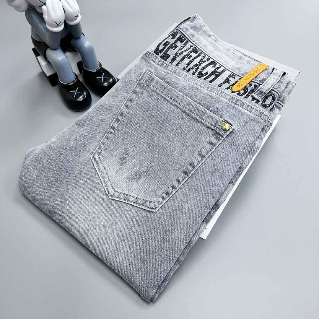 夏季薄款牛仔裤男修身弹力小脚长裤莱赛尔冰丝休闲字母印花九分裤