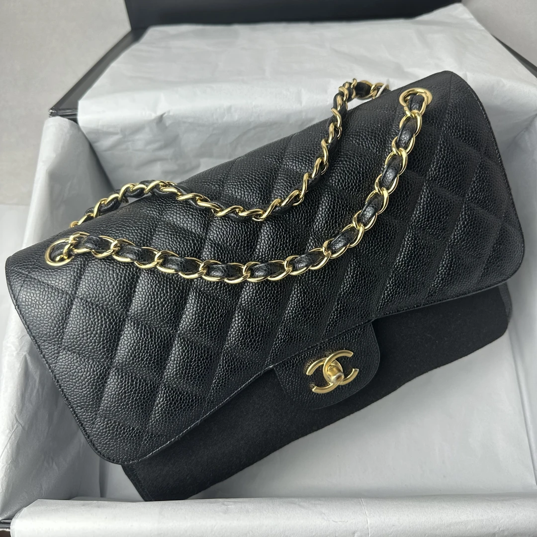 95新 Chanel/香奈儿 林/JL102817/黑金 cf jumbo 荔枝纹 单肩包