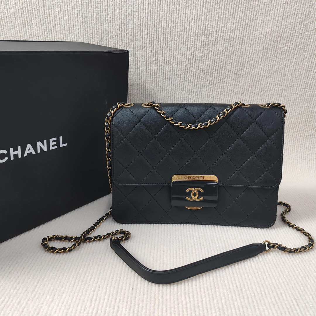 95新 Chanel/香奈儿 小鱼儿/4051601/黑金口盖包
