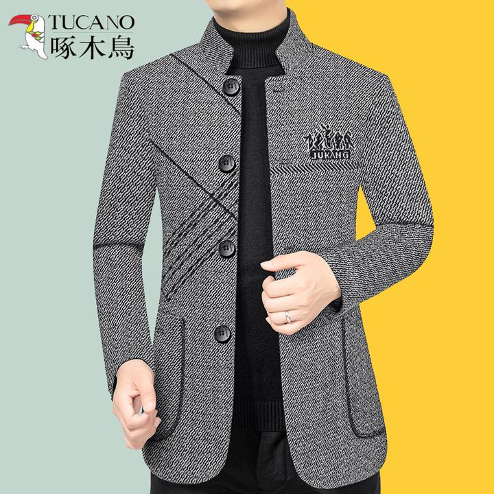 啄木鸟正品男装秋冬新款高档毛呢大衣男立领呢子外套修身加棉加厚