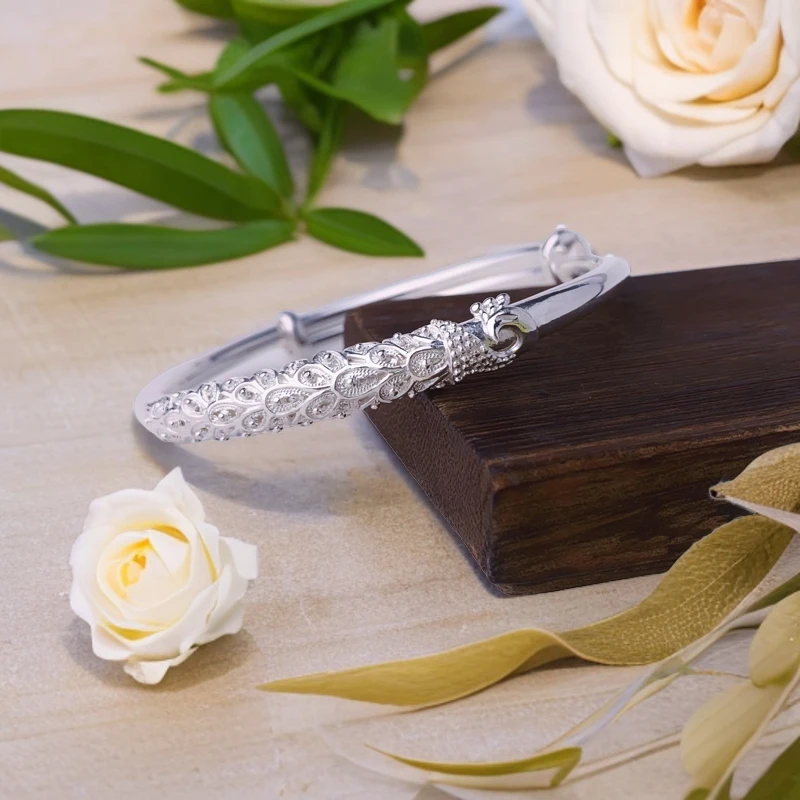 足银手镯 足银999时尚孔雀推拉手镯