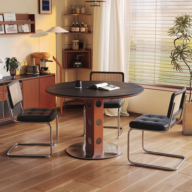 包豪斯风简约伯格岩板圆形餐桌椅组合小户型家用洽谈桌吃饭桌子