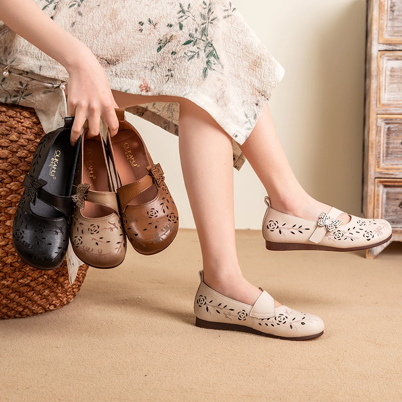725-6夏季透气防滑民族风妈妈鞋圆头舒适休闲软底复古镂空妈妈鞋