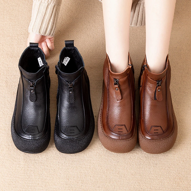 6132妈妈鞋加绒平底防滑软底真皮保暖加厚厚底复古舒适中老年秋冬