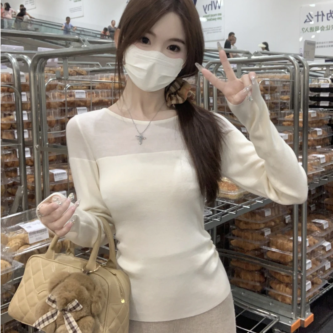 纯欲拼接透视褶皱设计小众气质针织衫长袖上衣修身设计感2878#