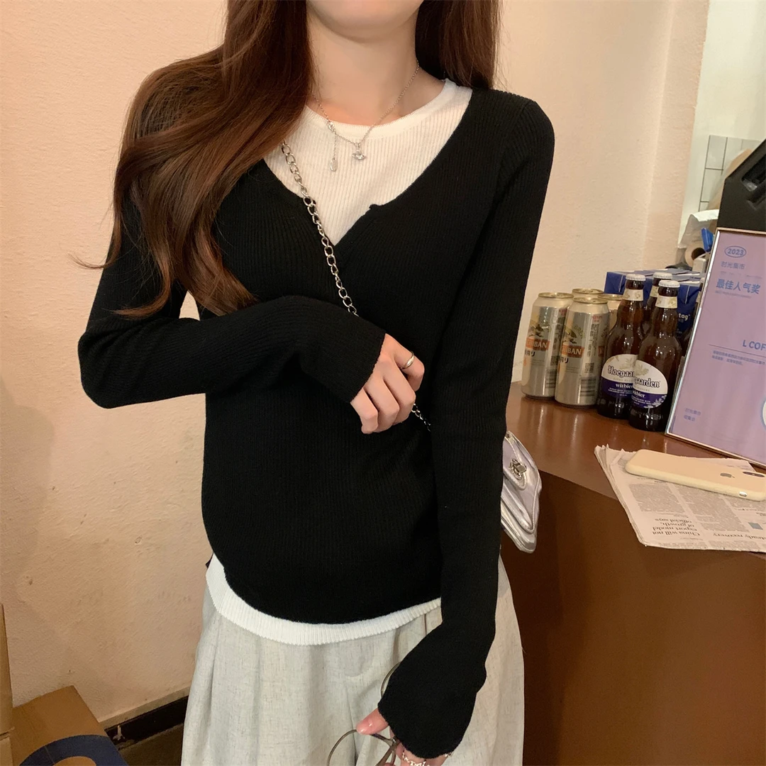 秋季韩版宽松百搭撞色假两件6羊毛针织衫长袖内搭上衣女时尚4375#