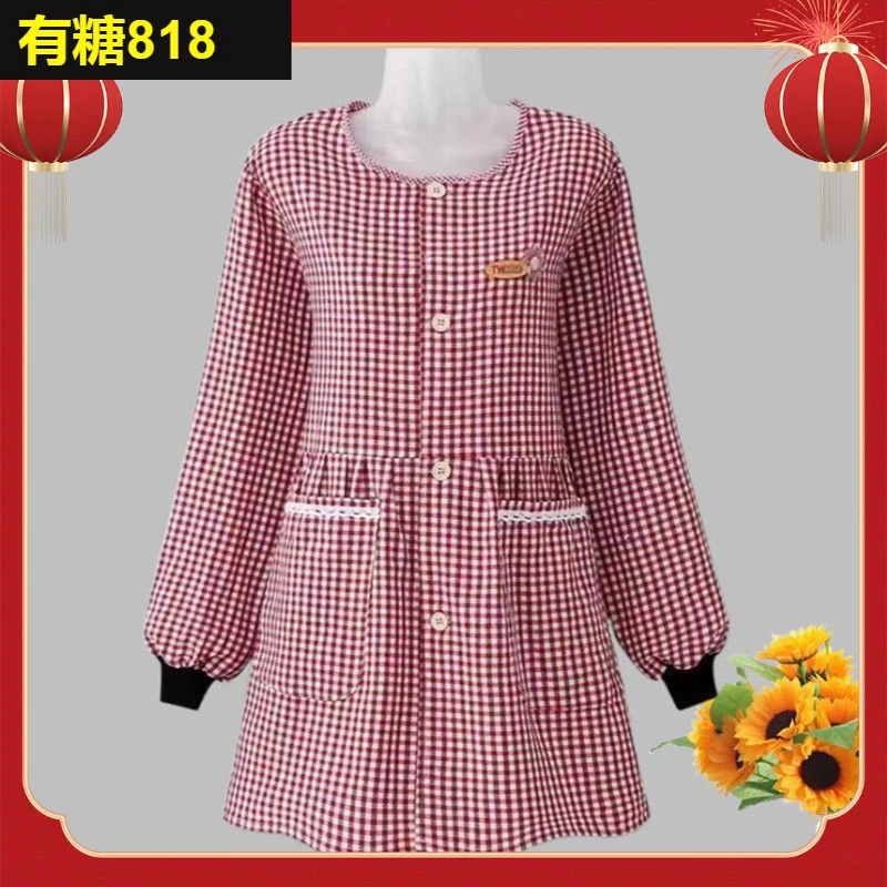 围裙厨房专用2023新款纯棉前开扣长袖罩衣韩版轻薄围裙厨房家用上