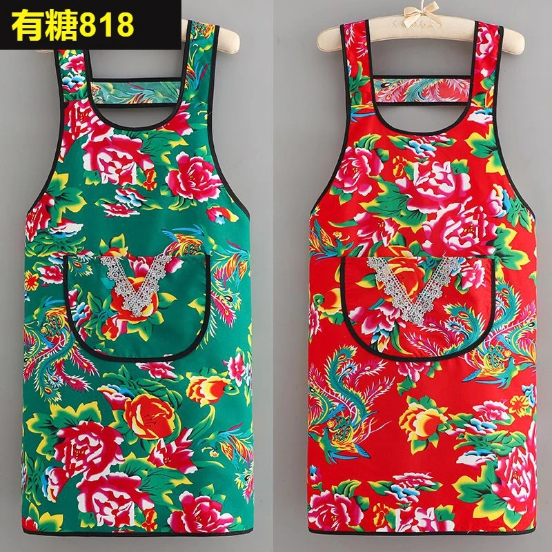 围裙厨房专用东北大花防水花布围裙宽松民族厨房农家乐家用做饭围