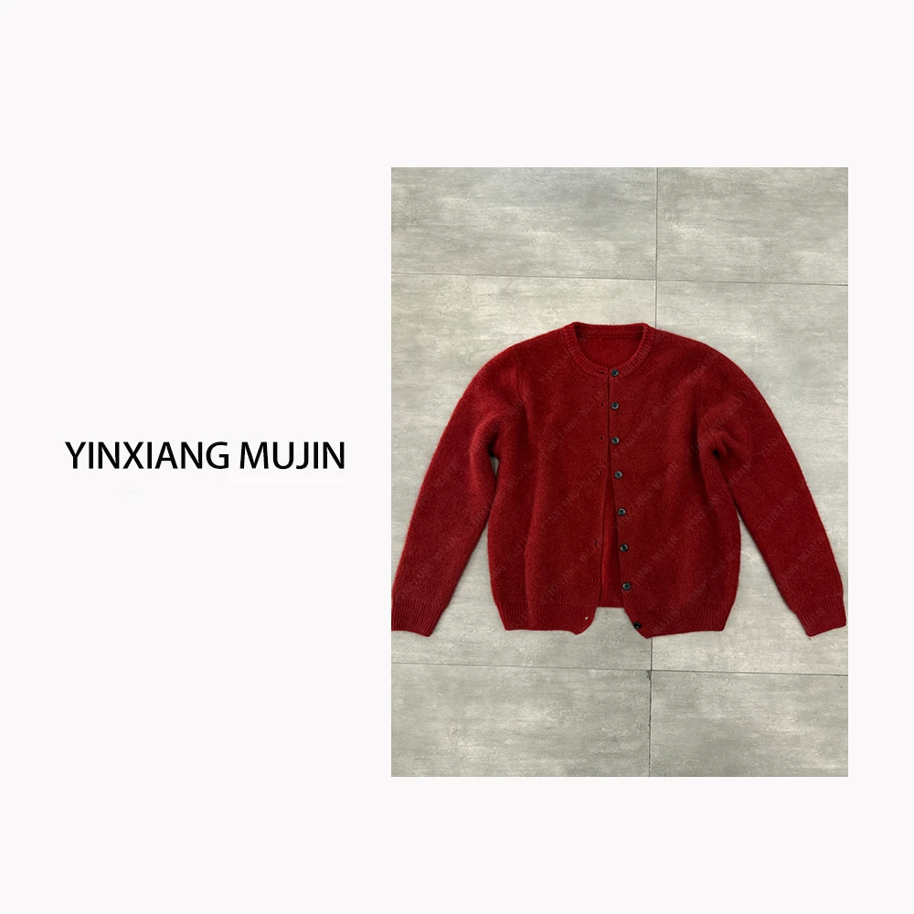 【YINXIANG MUJIN】圣诞红开衫 光板纯色百搭浣熊绒羊毛混纺毛衣女