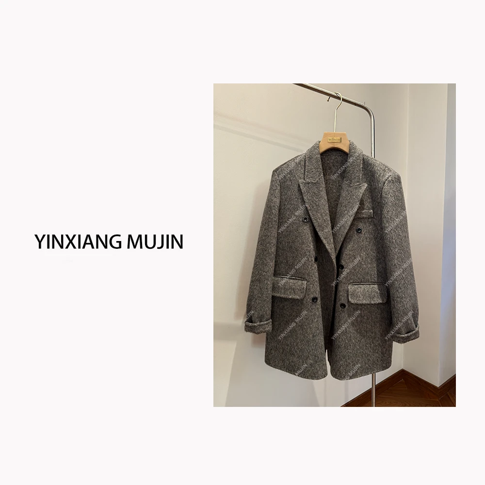 【YINXIANG MUJIN】双排扣西服 高品质羊驼毛混纺西装外套女燕麦灰