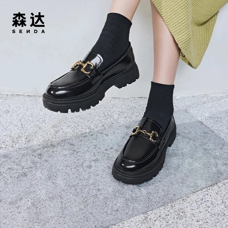 Senda/森达乐福鞋女25春新商场同款小皮鞋马衔扣厚底女鞋SXN01AA4