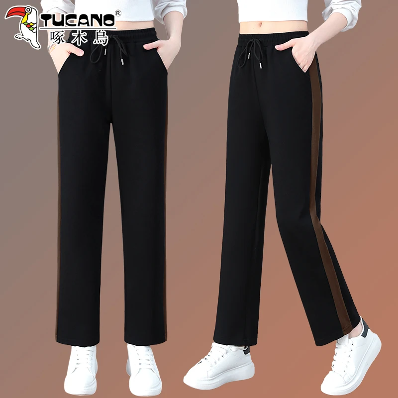 【官方】啄木鸟休闲运动裤女春秋新款妈妈长裤宽松大码女士直筒裤
