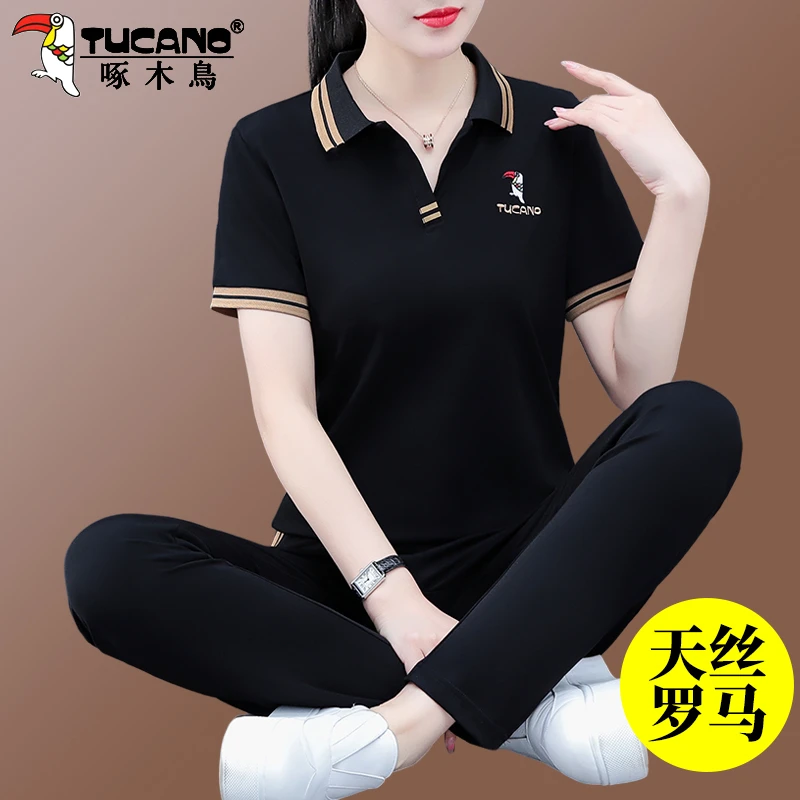 【官方】啄木鸟冰丝休闲运动套装女新款中年妈妈洋气polo衫两件套