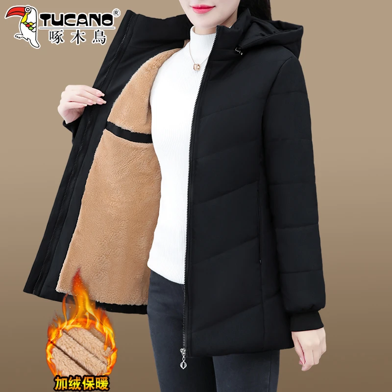 【官方】啄木鸟中长款棉服女冬季新款加厚保暖中老年女装加绒外套