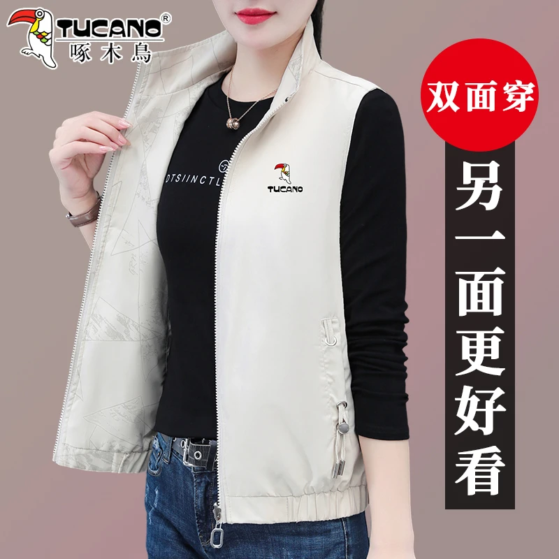 【官方】啄木鸟双面穿马甲女春秋新款中年妈妈休闲外搭坎肩背心