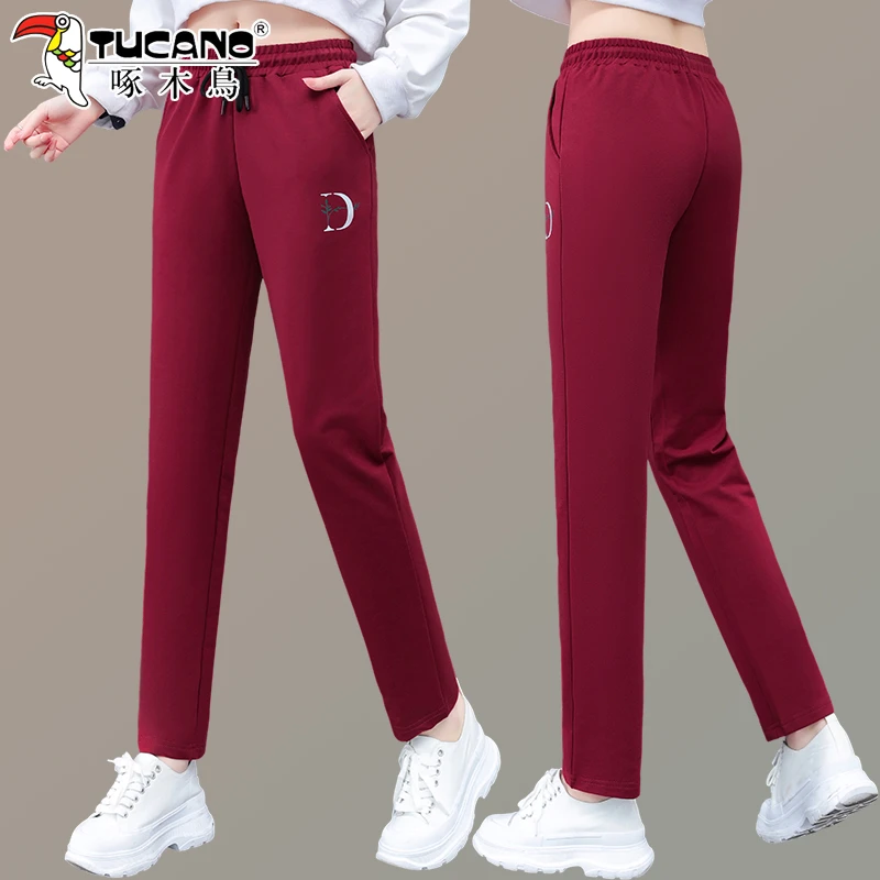 【官方】啄木鸟红色裤子春秋新款中年女裤宽松直筒裤女士休闲长裤