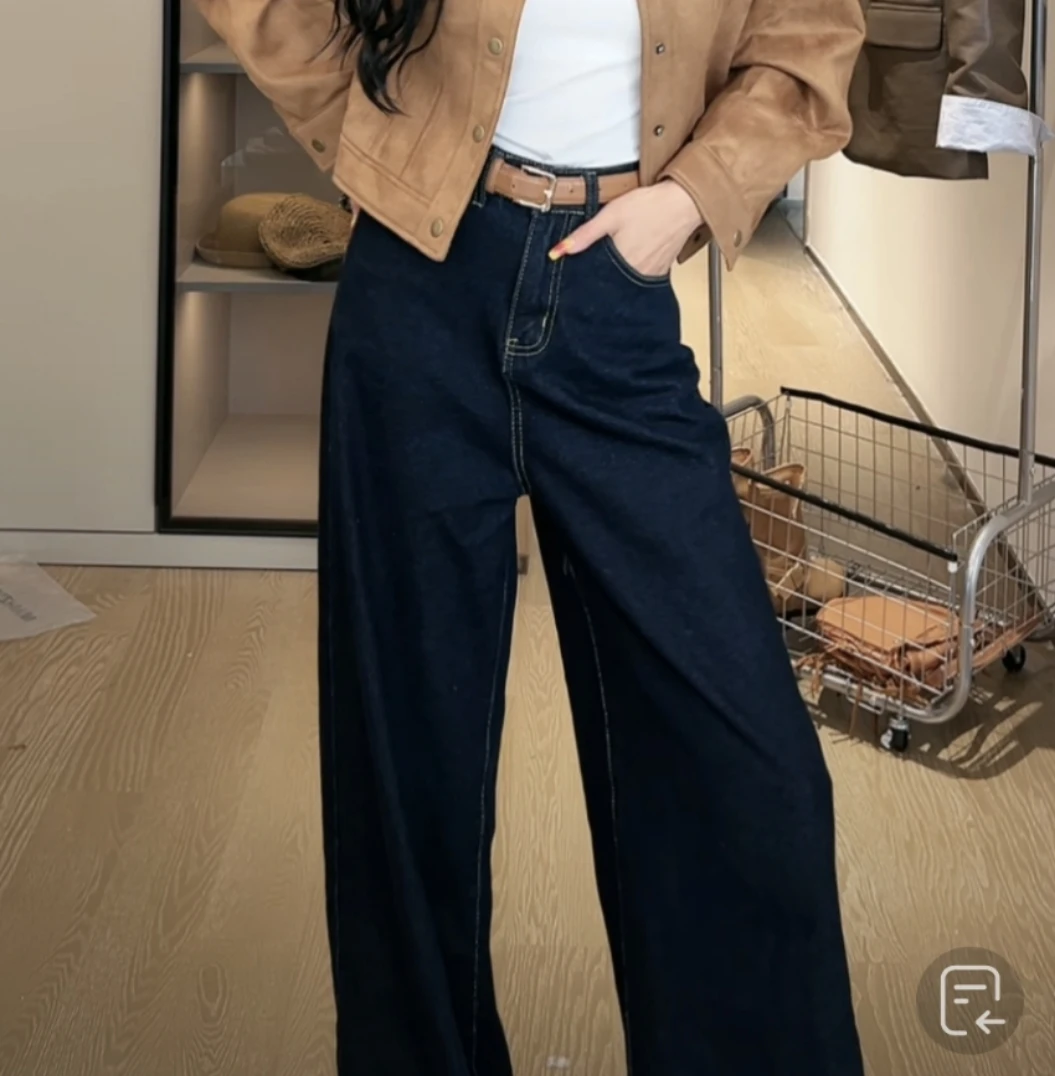 美式复古深蓝色阔腿牛仔裤女2025夏季新款高腰宽松显瘦垂感拖地裤
