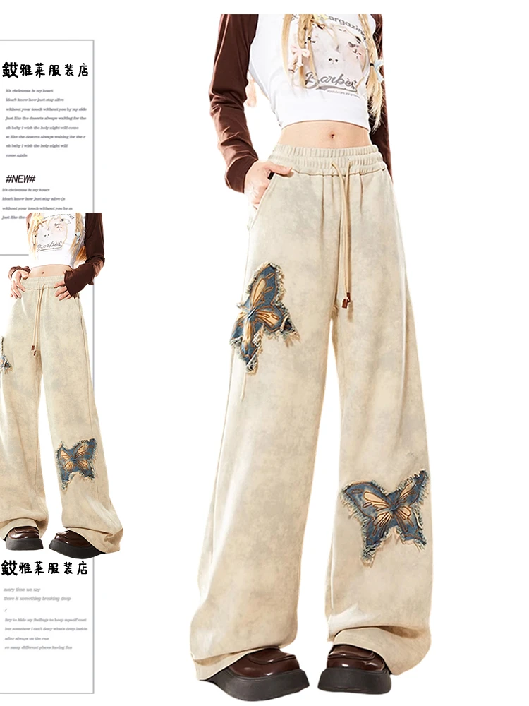美式蝴蝶毛边刺绣阔腿卫裤女早秋新款设计感高腰直筒显瘦宽松裤子