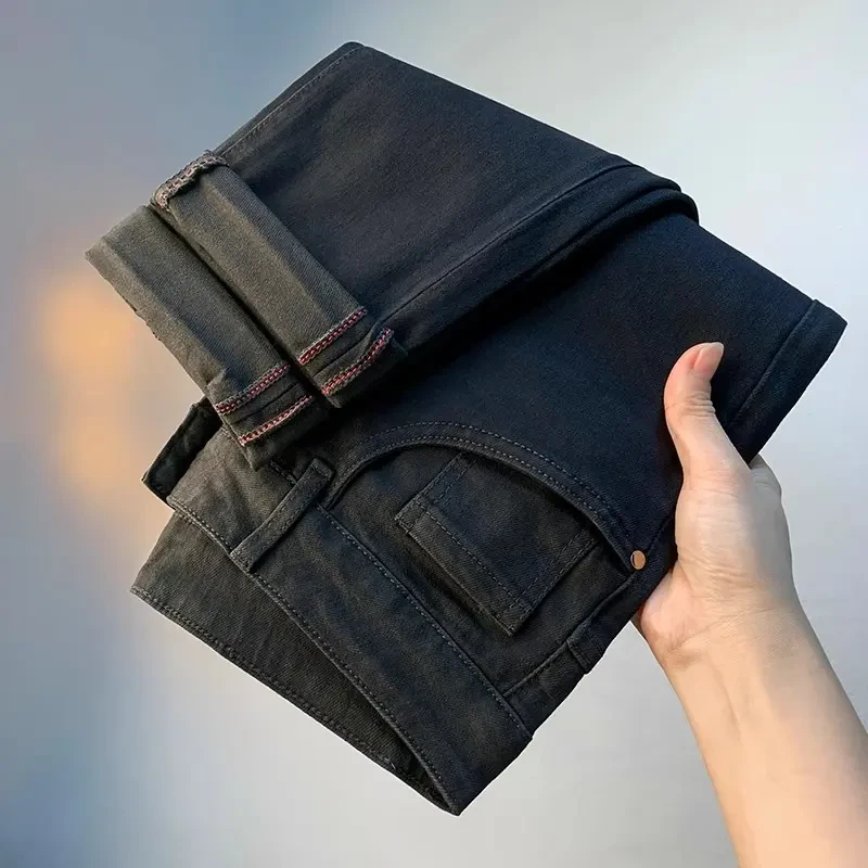 新款小直筒烫钻牛仔裤潮牌修身黑色欧洲站2025男士长裤子休闲高端