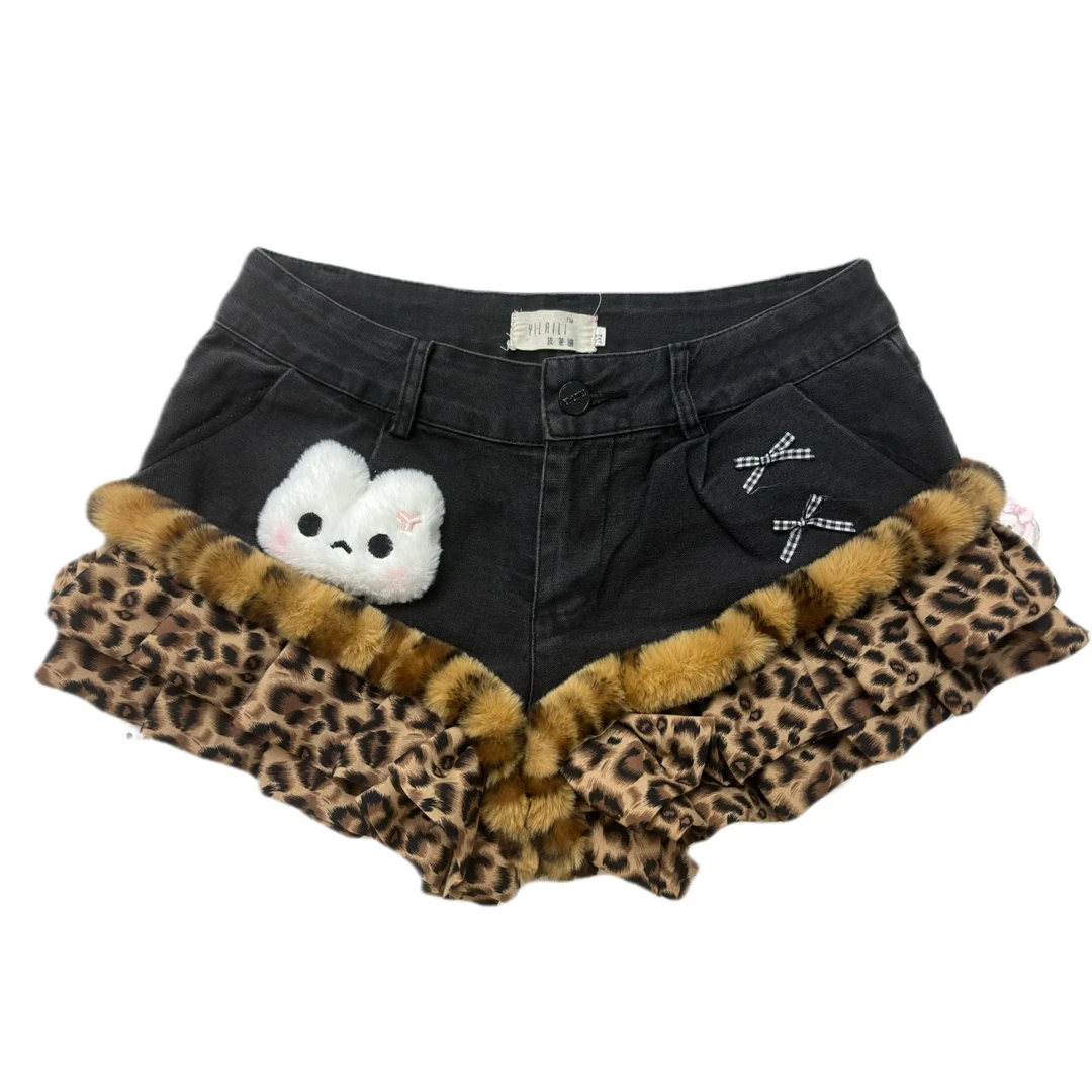 优晨古着 y2k手作短裤上衣短裙辣妹女装低腰牛仔拼接豹纹百搭时尚